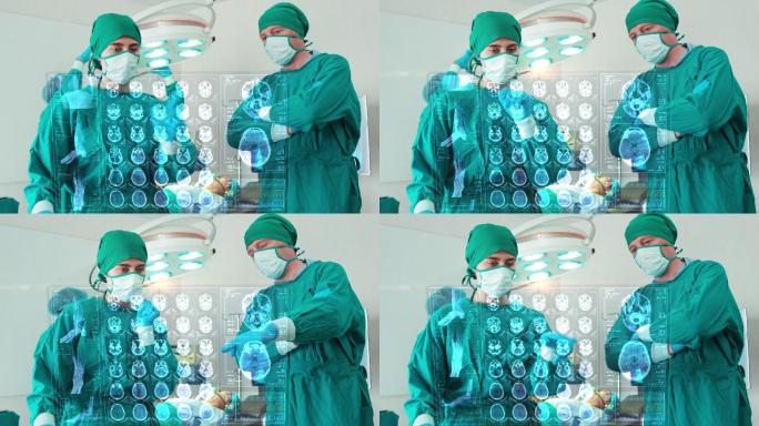 专业外科医生和助手使用全息现代虚拟屏幕