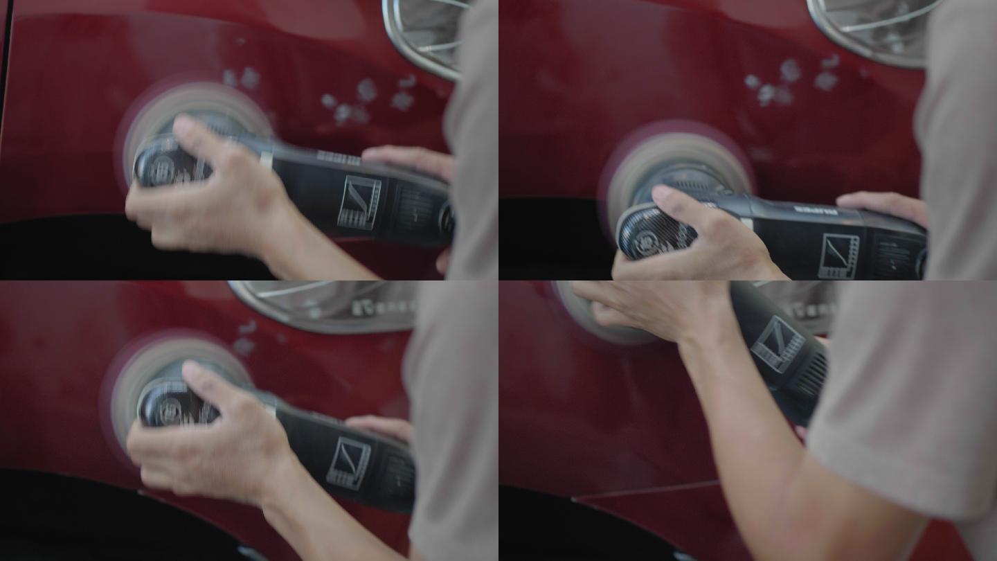 一名亚裔男子使用汽车抛光工具来维护汽车的漆面