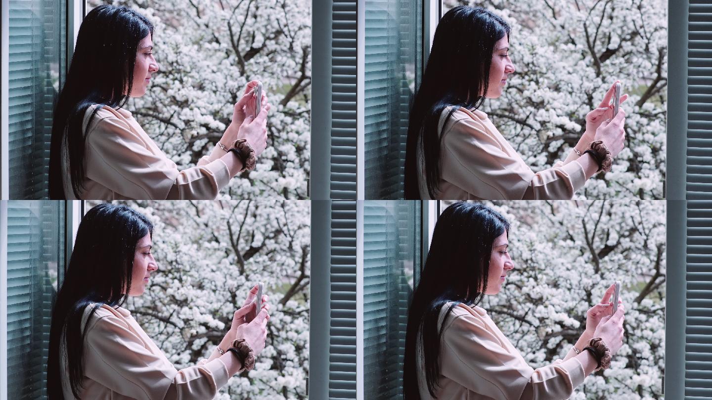 春天，年轻女子在窗前用手机放松。背景是盛开的果树。