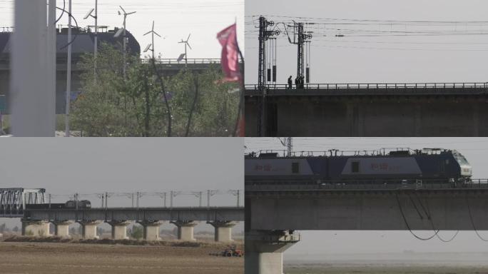 黄河铁路大桥货运火车飞驰而过实拍画面