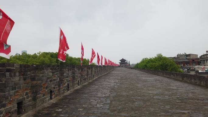 襄阳古城城市风光旌旗红旗子旗帜景观