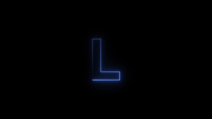 蓝色霓虹灯字体字母L大写在一段时间后出现。黑色背景上的动画蓝色霓虹字母符号。股票视频
