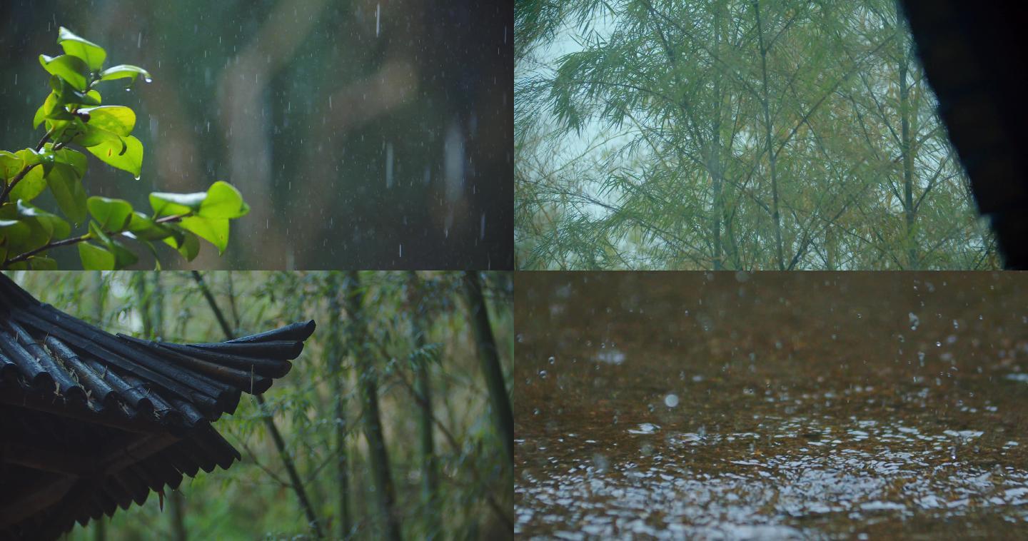 水滴雨水屋檐雨滴下雨烟雨水花意境竹叶朦胧