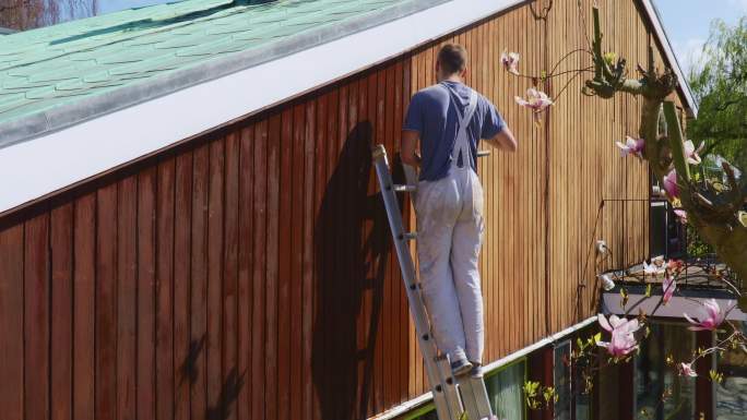 男油漆工对房屋外部的木镶板进行染色