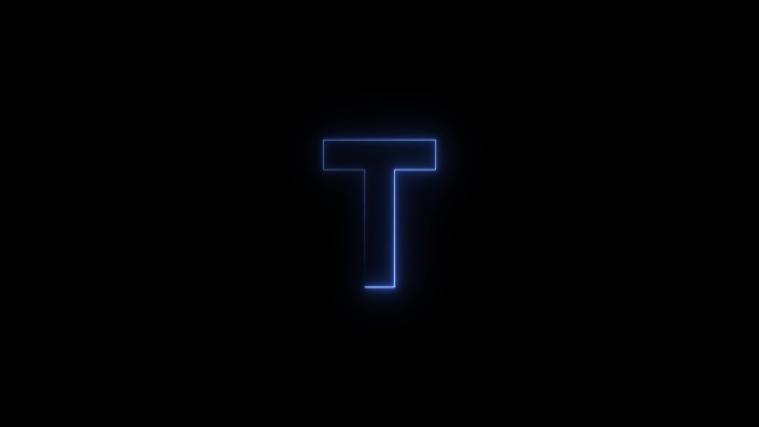 蓝色霓虹灯字体字母T大写在一段时间后出现。黑色背景上的动画蓝色霓虹字母符号。股票视频