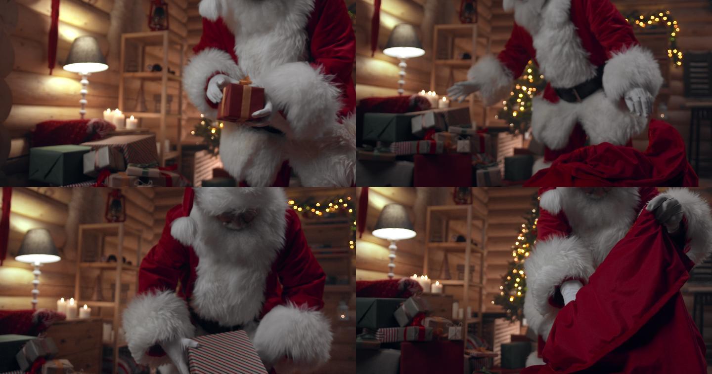 圣诞老人把许多礼物装进他的红口袋的特写镜头，他带着圣诞装饰品在办公室里