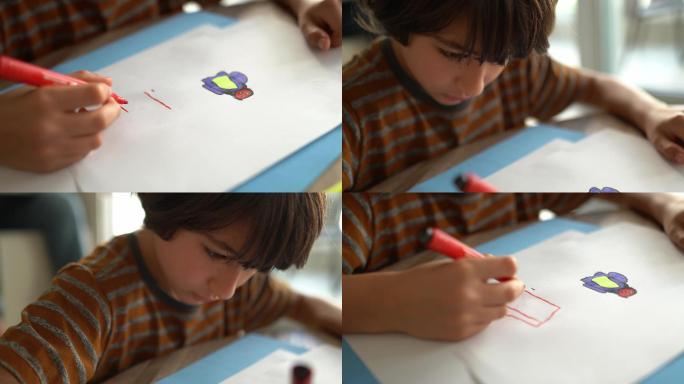 男孩在家画画外国小孩