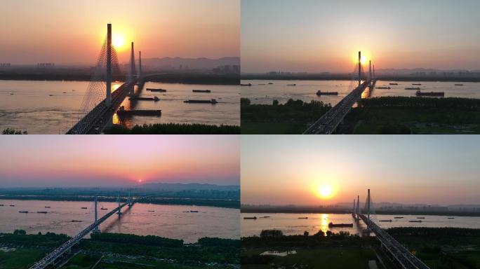 南京江心洲大桥，五桥日落延时航拍素材