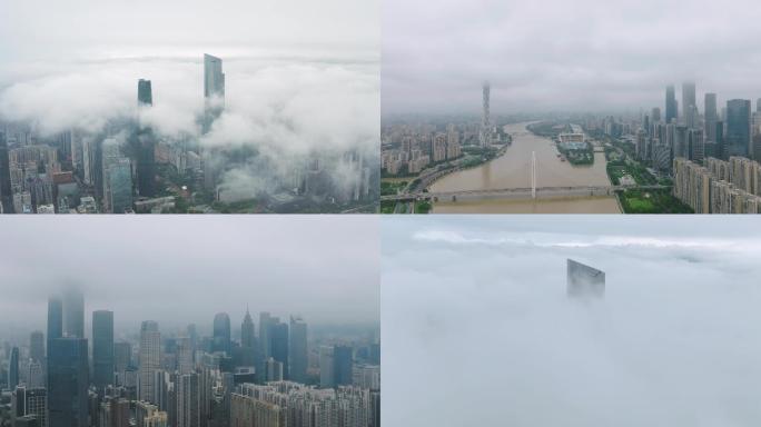 原创航拍广州CBD珠江新城穿云烟雾缭绕