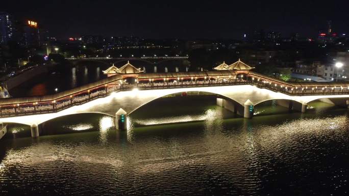 民族特色风雨桥夜景环绕航拍