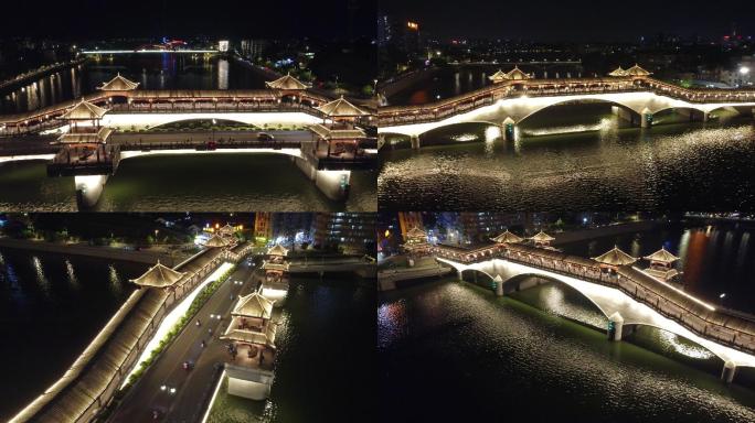 民族特色风雨桥夜景环绕航拍