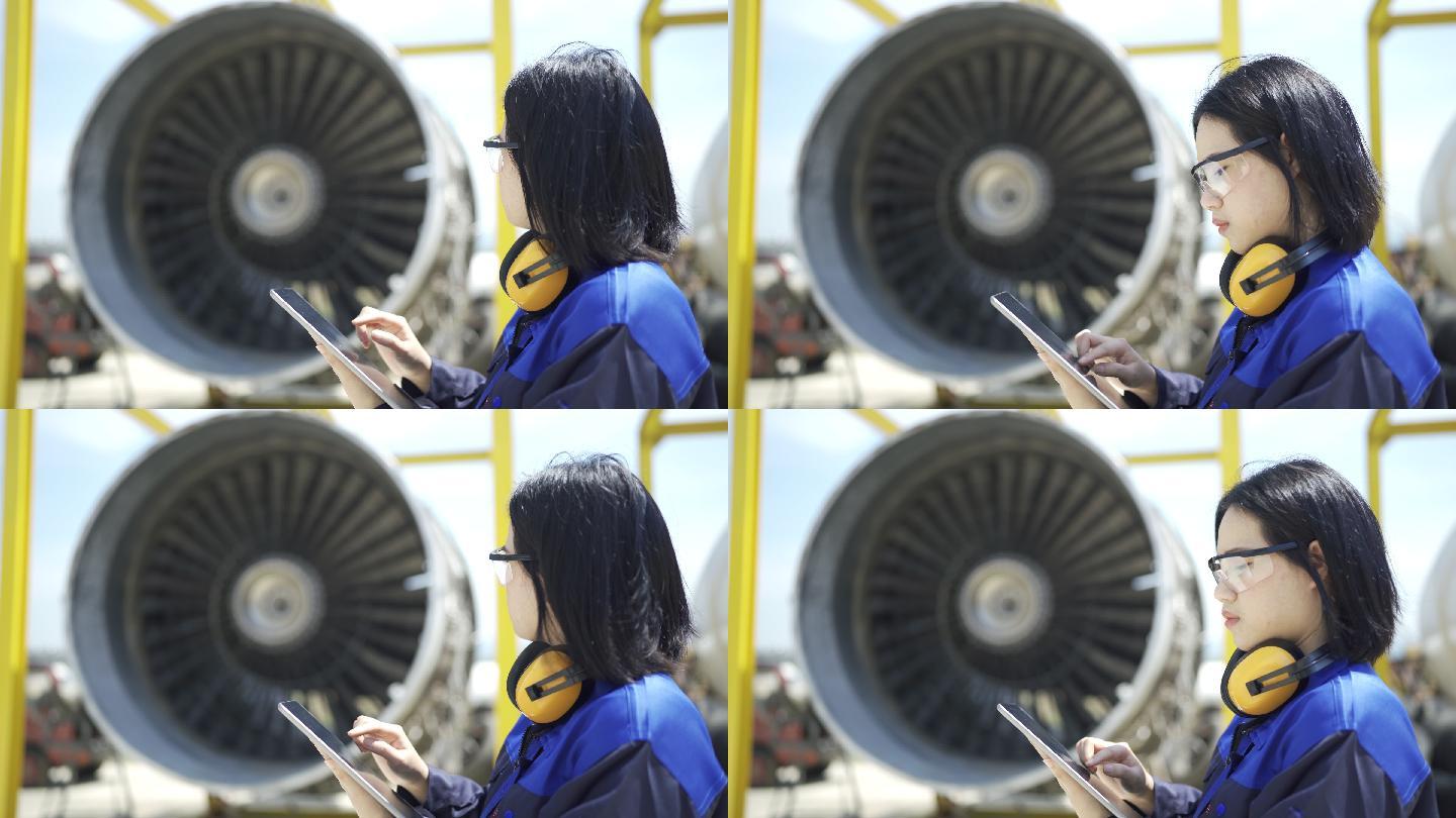 4K女机修工用数码平板检查喷气发动机