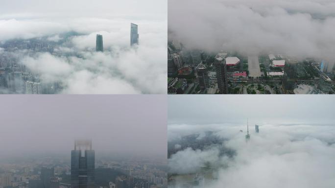 原创航拍广州CBD珠江新城雨天烟雾缭绕