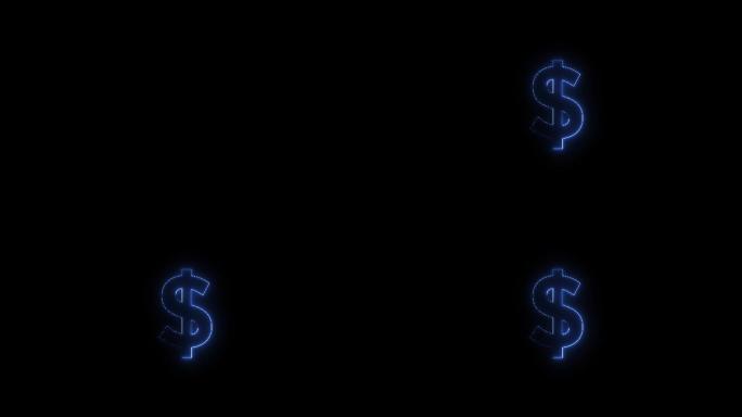 蓝色霓虹灯字体美元符号大写在一段时间后出现。黑色背景上的动画蓝色霓虹字母符号。股票视频