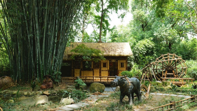 茅屋茅舍竹林间茅草屋农舍房屋农家茅草房子