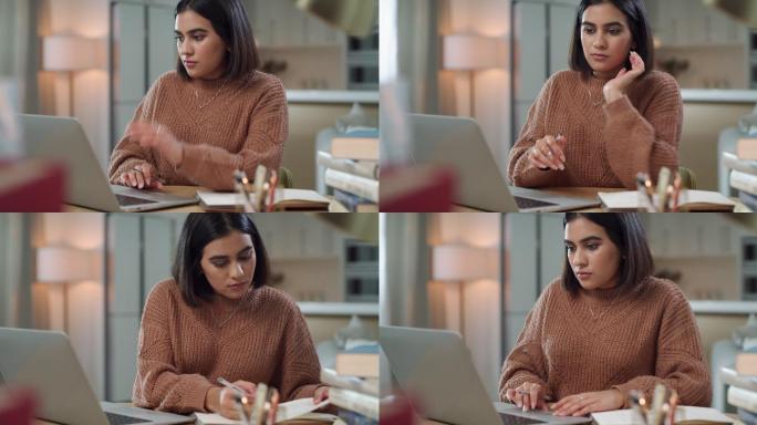 一段4k视频，一位漂亮的年轻女子坐在家里，一边用笔记本电脑进行电子学习，一边沉思