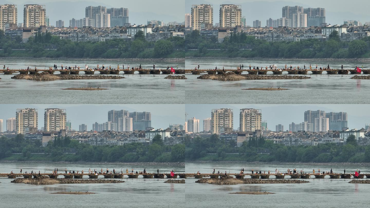【4K正版】长焦视角赣州古浮桥上的游客