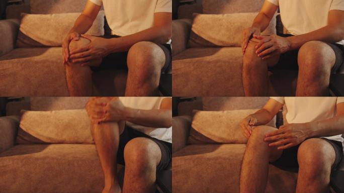 亚洲男子按摩膝盖疼痛，感觉不好。触发点医疗概念