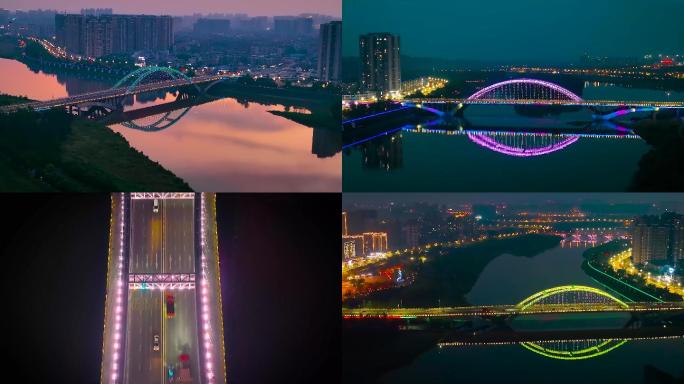 航拍夕阳后的城市及沱江三桥的美丽夜色