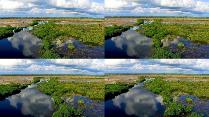 佛罗里达州日落时分大沼泽国家公园鸟瞰图。沼泽和植被