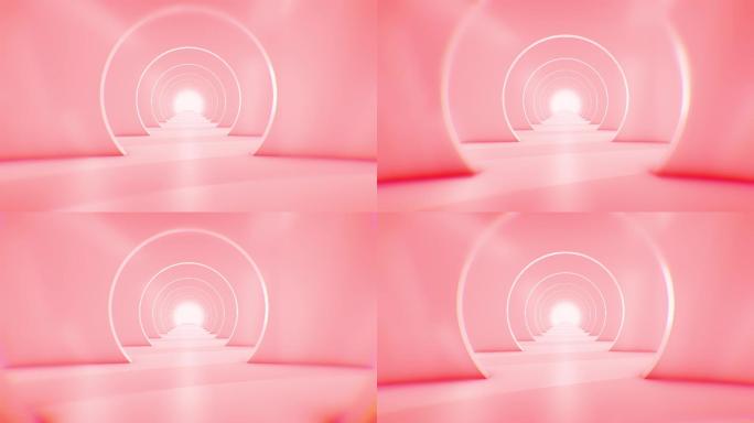 穿越未来派的白色隧道。抽象3D动画。照明走廊的概念、室内设计、宇宙飞船、科学、实验室、技术、科学、建