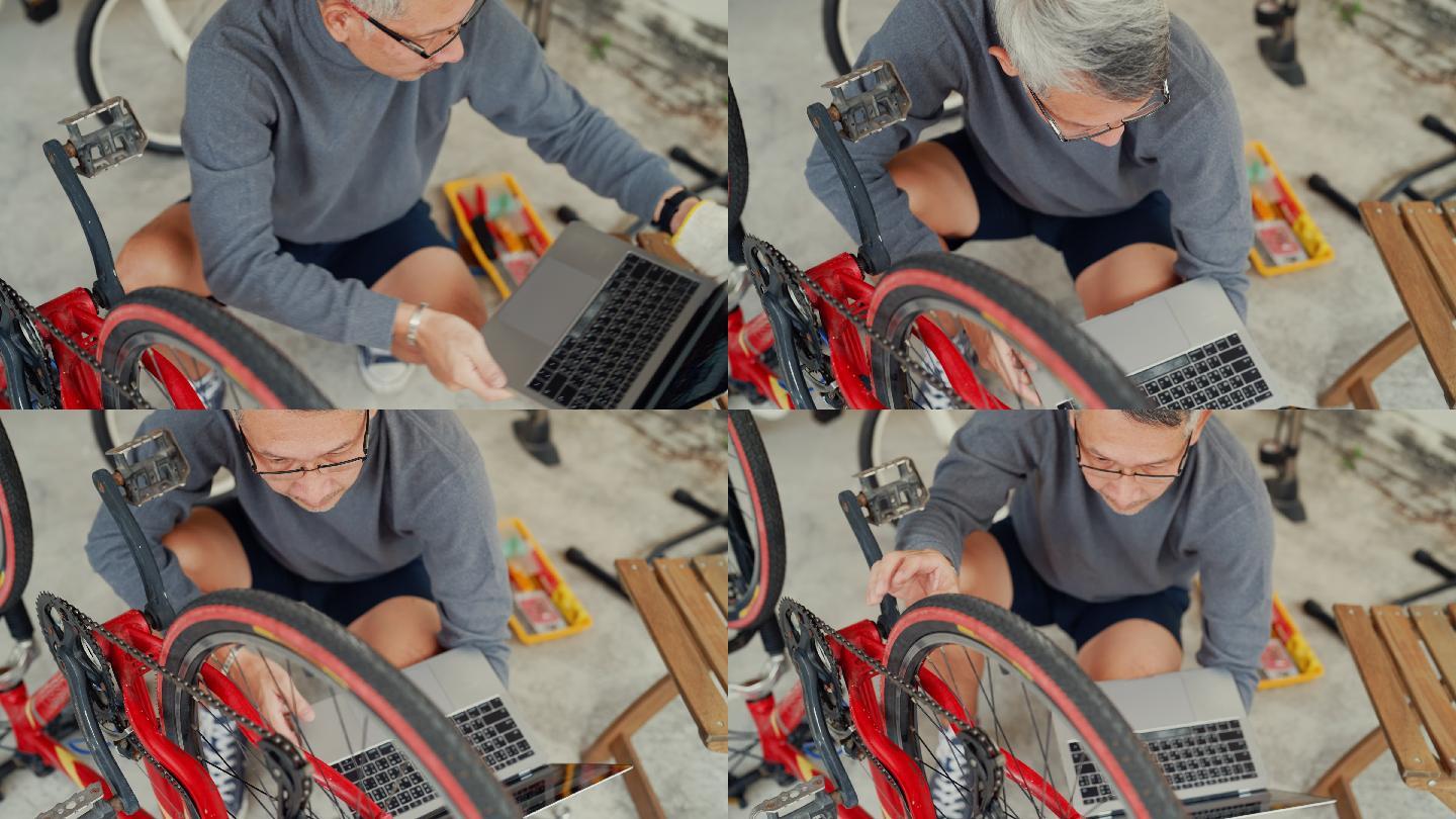 老人在家修理他的自行车。