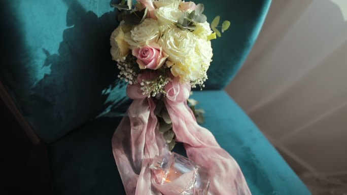 沙发椅上的婚礼花束插花