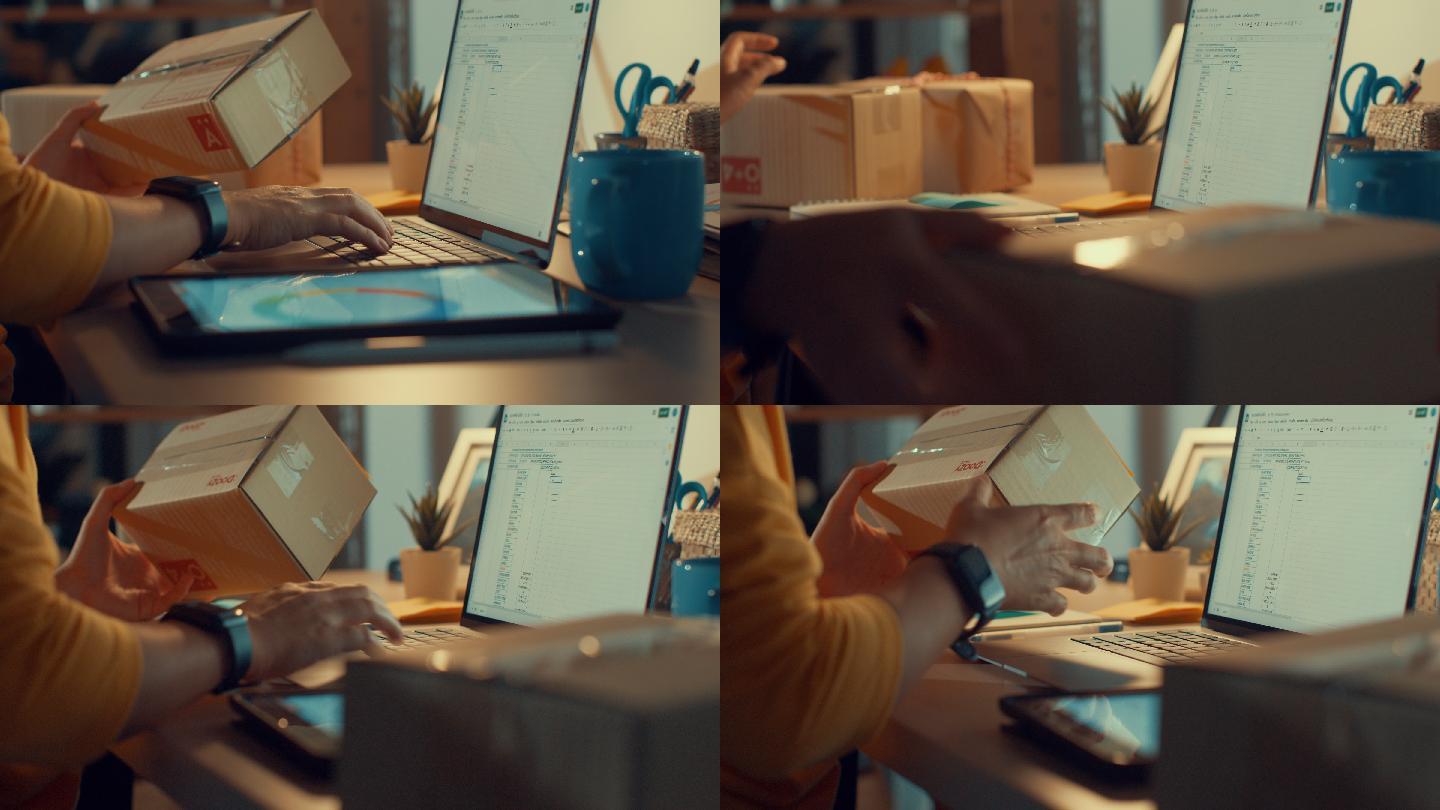 年轻的自由职业亚洲女性晚上在家的客厅里用笔记本电脑包装纸盒。
