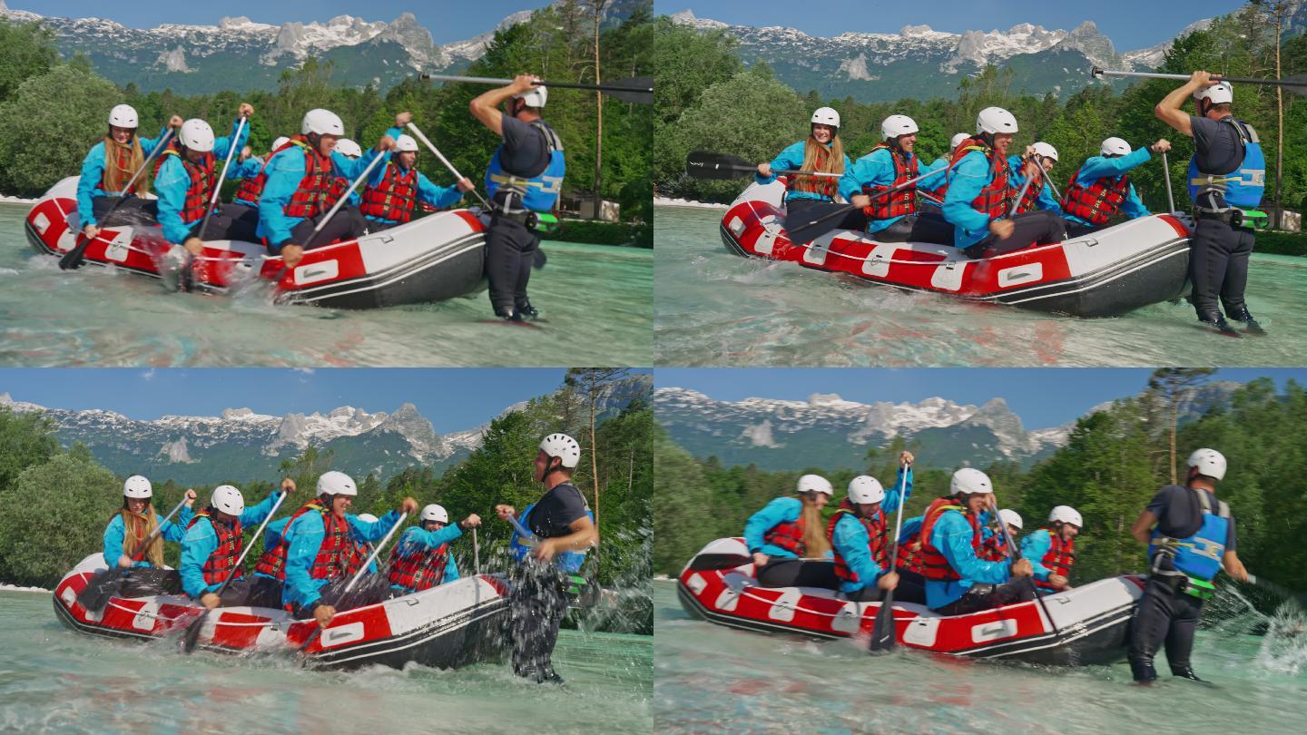 当教练靠在木筏上防止木筏移动时，木筏队用力划水