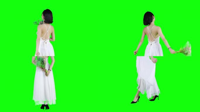 美女手持花束散步吹风绿屏抠像素材