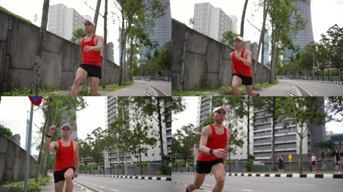 亚裔中国男子运动员在慢跑前做弓箭步、热身
