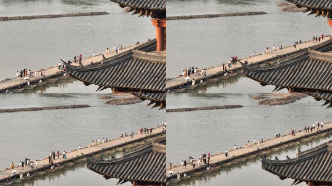 【4K正版】航拍古浮桥上行走的人