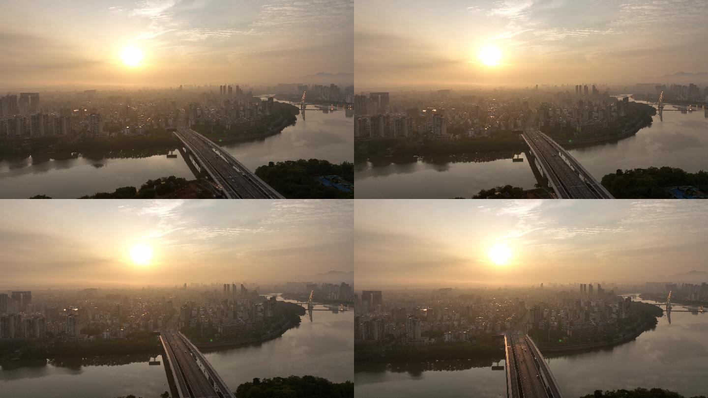 【4K正版】航拍赣州杨梅渡大桥日出全景