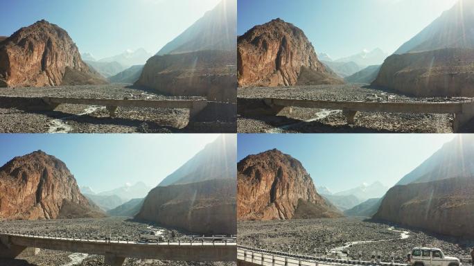 停在桥上观看尼泊尔喜马拉雅山风景的车辆