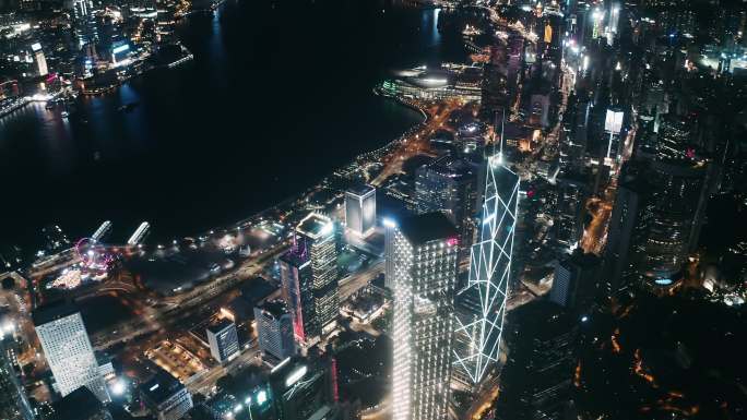 香港城市全景俯视图。摩天大楼的无人机足迹