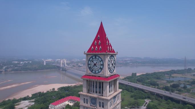 4K正版-航拍江西赣州和谐钟塔与赣州大桥