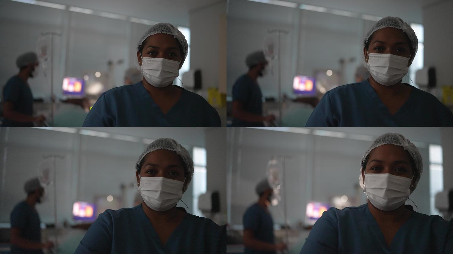 一名护士在手术室使用防护口罩的肖像