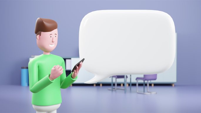 使用智能手机在线应用程序在办公室使用3d动画卡通人物和气泡语音。