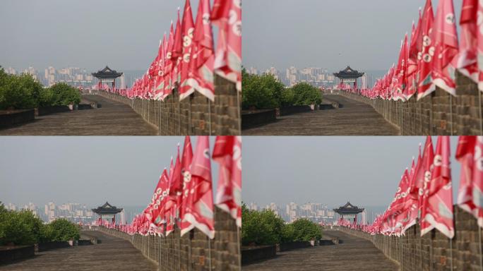 襄阳古城城市风光旌旗红旗子旗帜景观