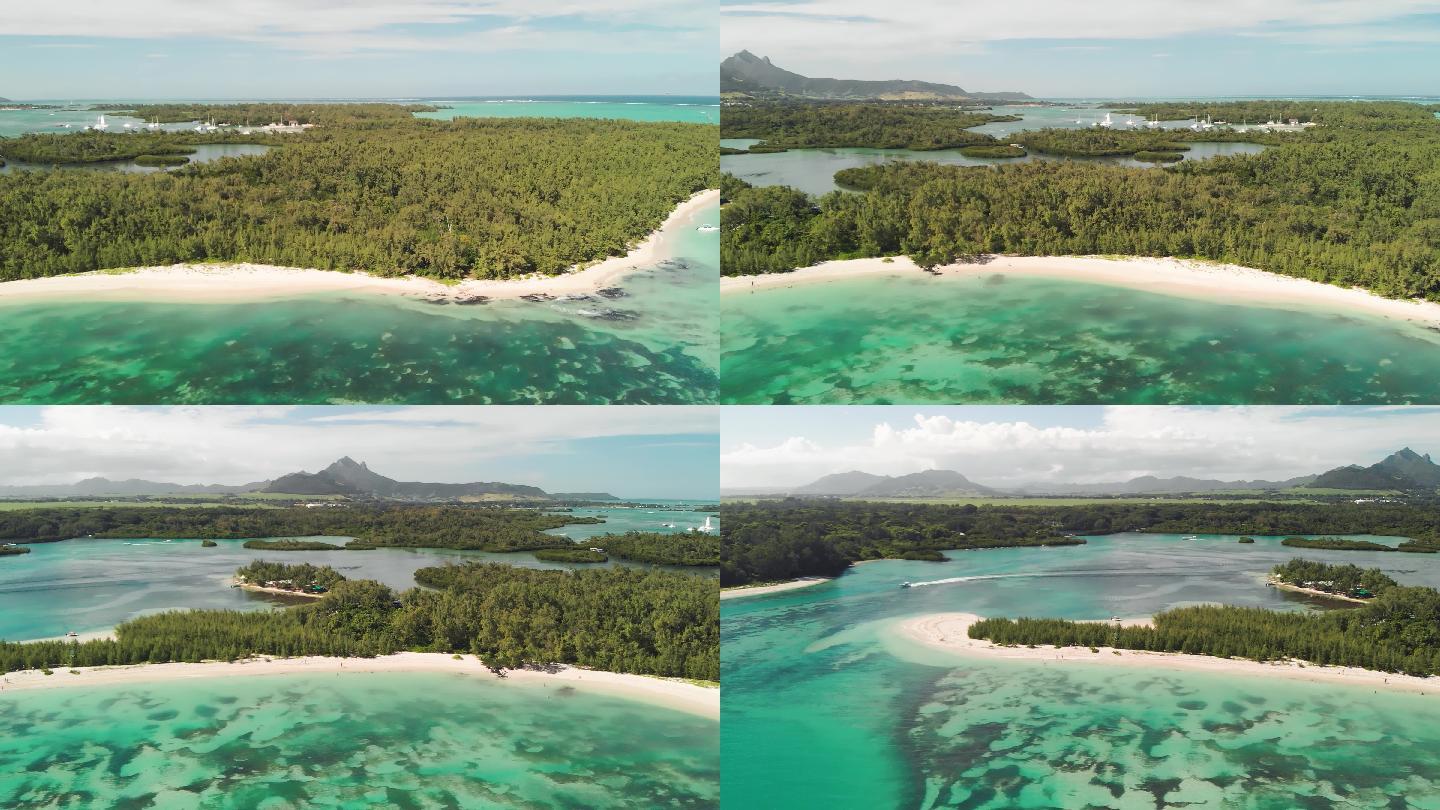 4K视频。毛里求斯贝尼蒂埃无人机拍摄的美妙全景鸟瞰图。毛里求斯