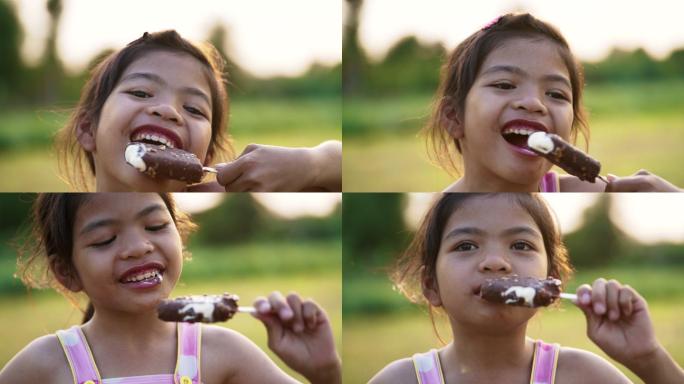 小女孩正在吃冰淇淋零食，心情积极，放松，享受美食。