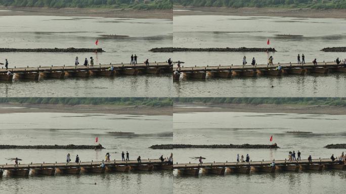 【4K正版】航拍赣州古浮桥上的游客行人