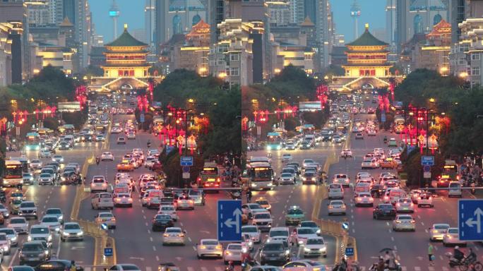 日落时分的城市交通景观，中国西安。