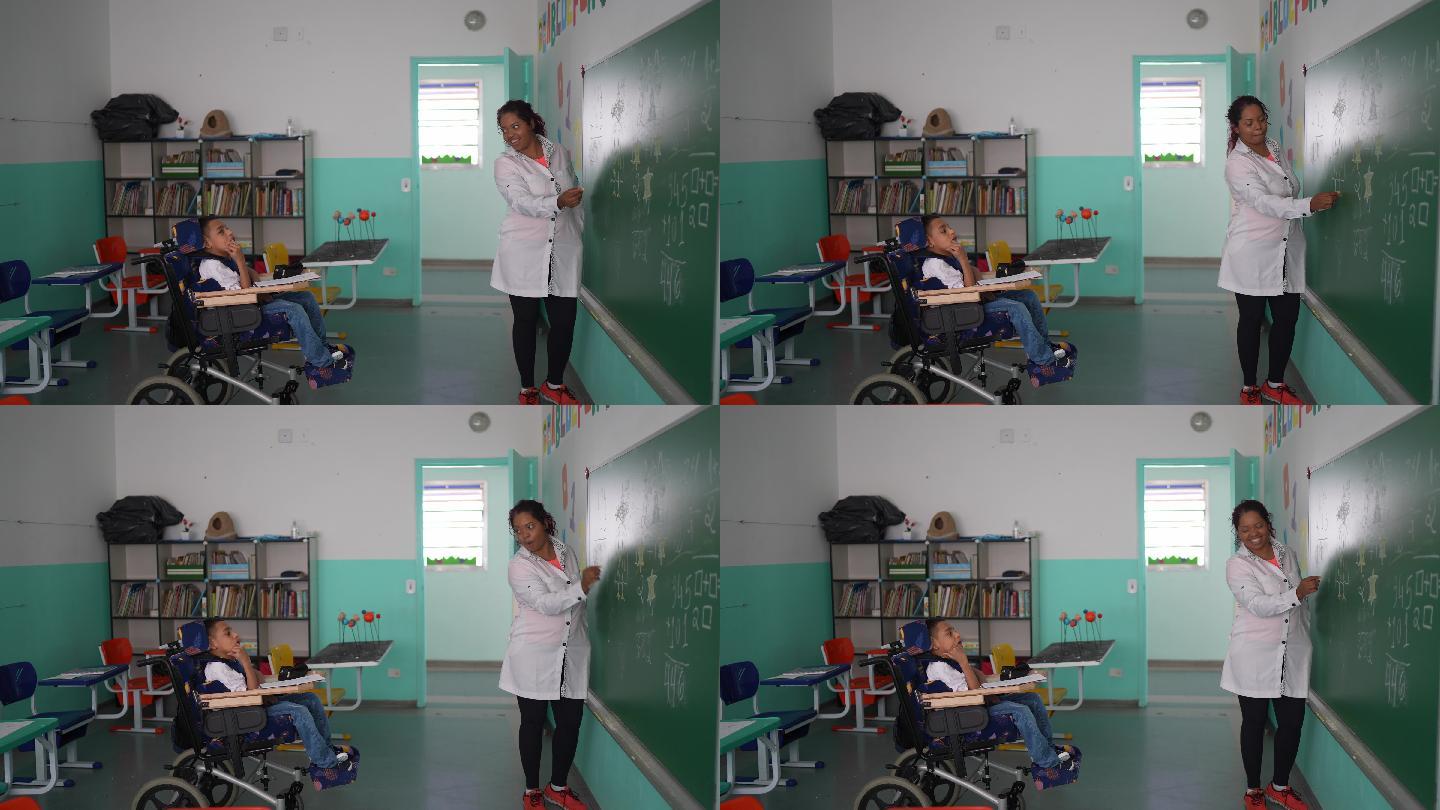 老师在教室里教一个残疾学生