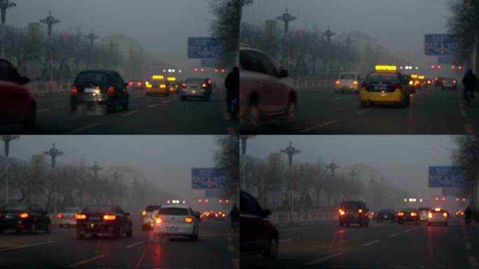 清晨街道上的行人和车辆，雾霾笼罩