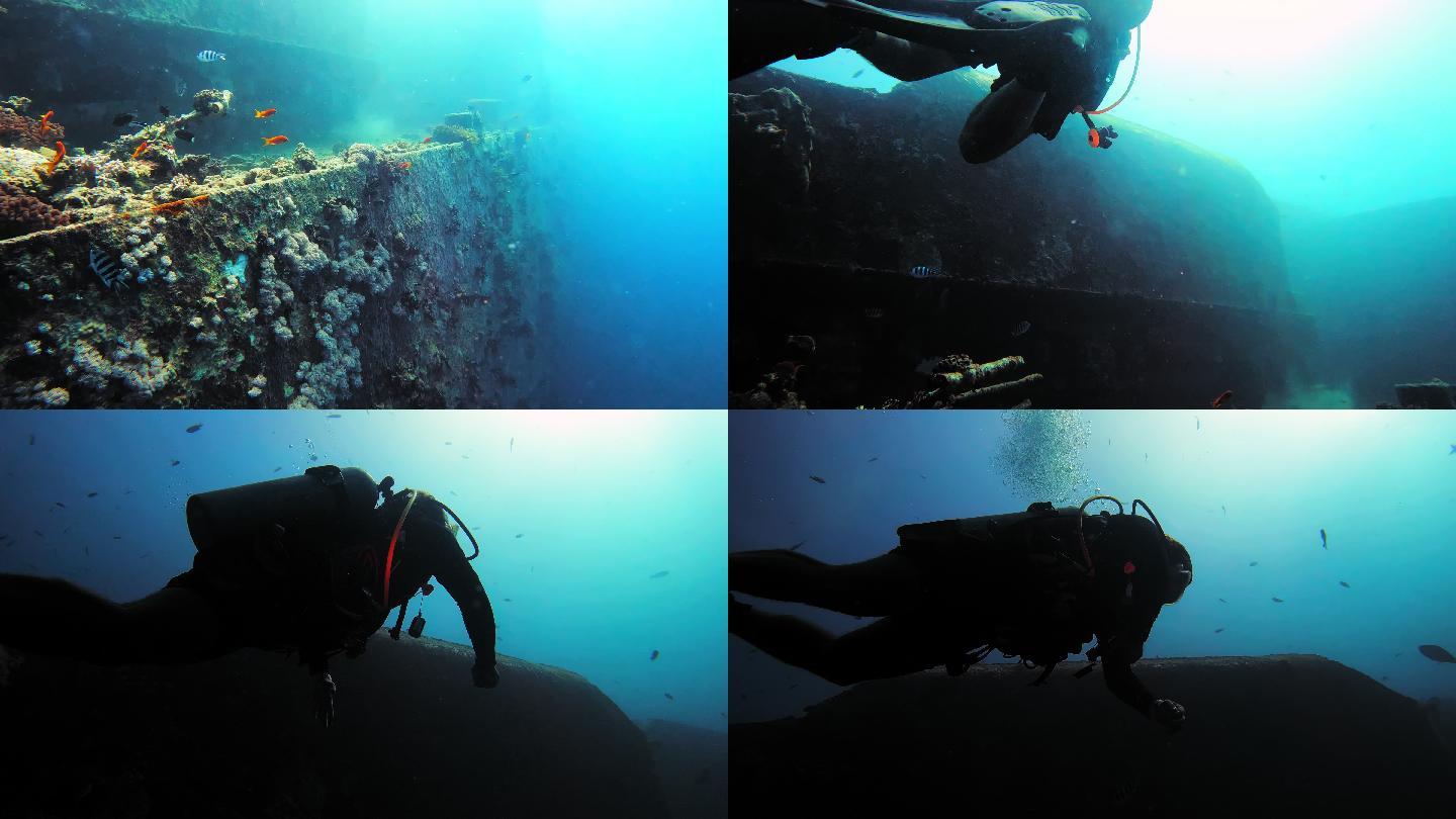 一名男子在海上探索沉船的4k视频片段