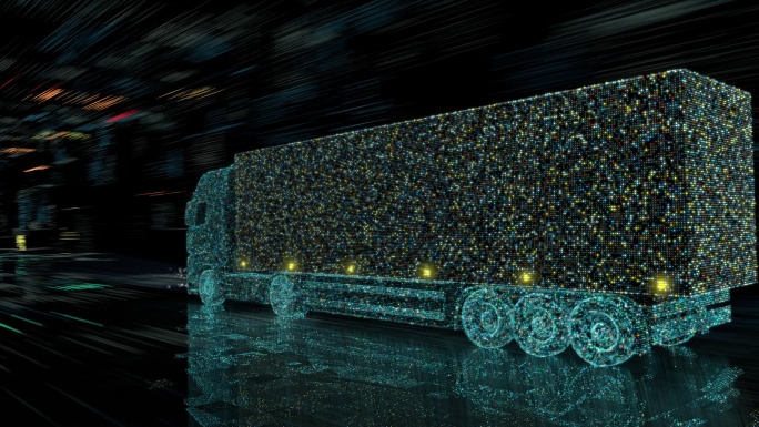 未来技术概念：自动半卡车，带拖车，在数字道路上行驶，传感器扫描周围环境。自动驾驶卡车数字化高速公路的