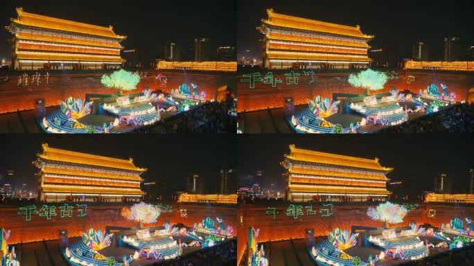 中国陕西西安，庆祝中国春节的古城墙上的灯笼