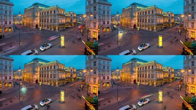 奥地利维也纳维也纳，交通道路和人们在维也纳歌剧院前散步的日落场景