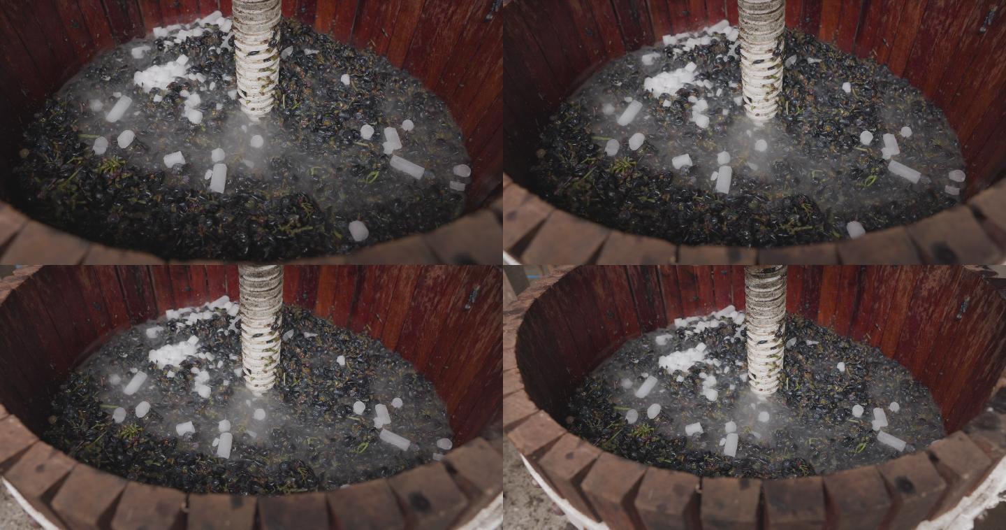 传统的葡萄酒压榨机加工新鲜葡萄，供农场或酒厂发酵